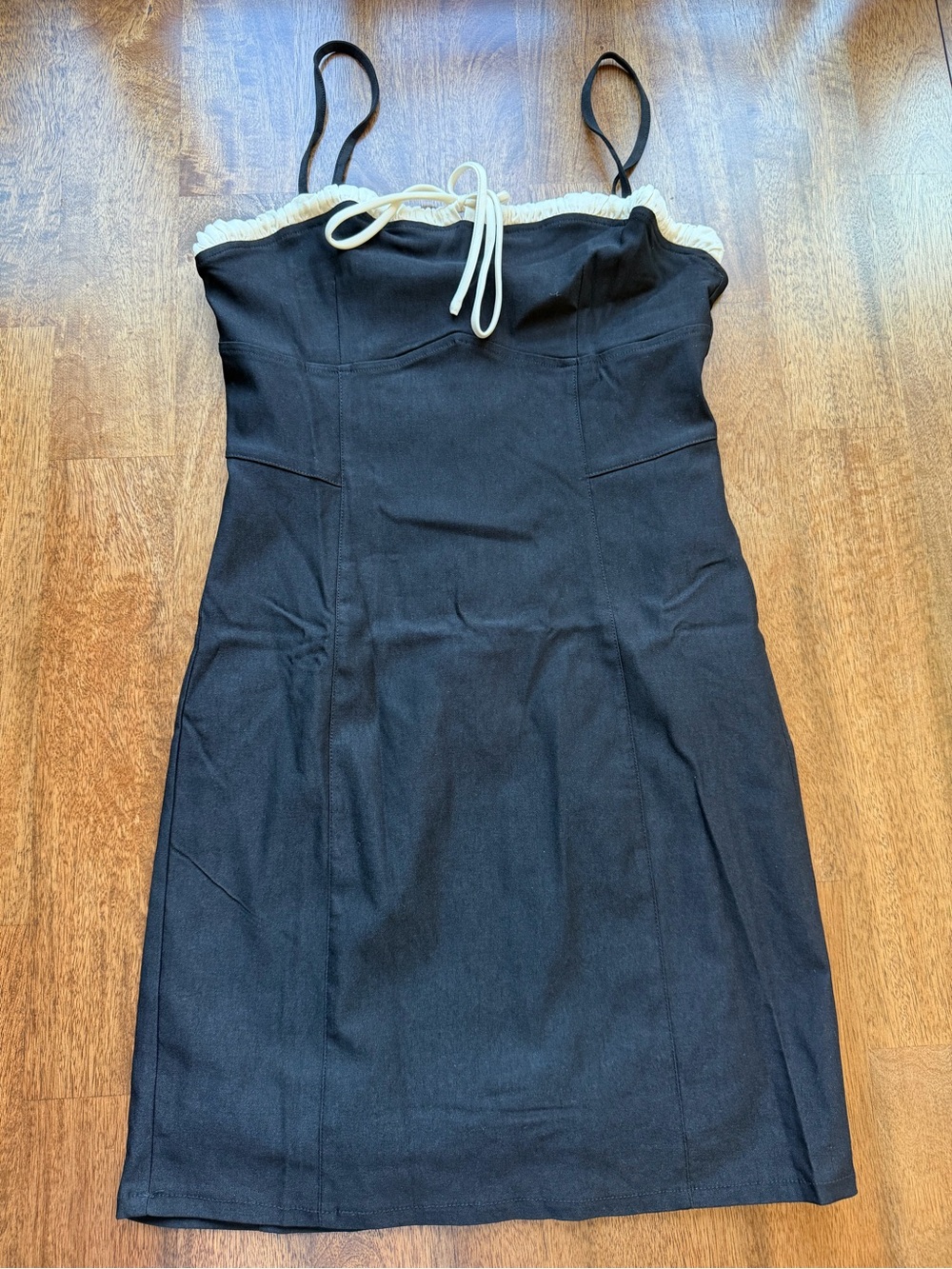 Black Spaghetti Strap Mini Dress with Cream Trim